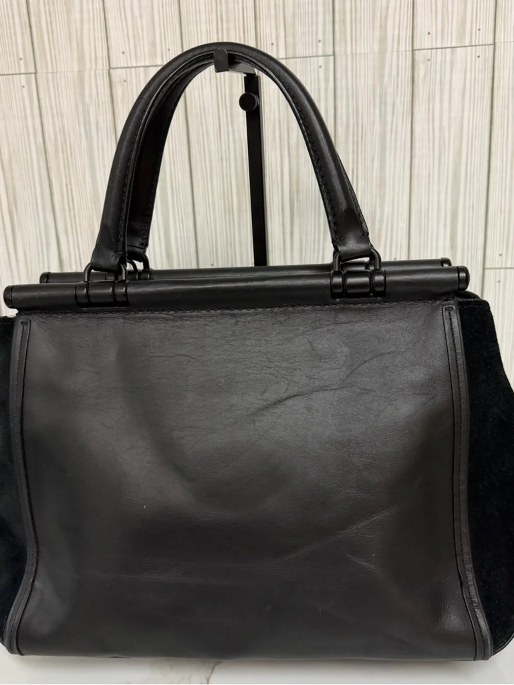 Coach Black Leather & Suede Satchel Top Handle Bag Turnlock Crossbody Purse